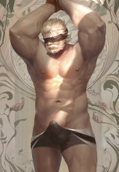 Rule 34 | 1boy, abs, bara, beard, black male underwear, blindfold, bound, bound wrists, boxers, bulge, erection, erection under clothes, facial hair, feet out of frame, large pectorals, luerstine, male focus, male underwear, male underwear pull, mature male, muscular, muscular male, navel, navel hair, nipples, old, old man, overwatch, overwatch 1, pectorals, reinhardt (overwatch), rope, scar, scar across eye, short hair, solo, standing, stomach, thick thighs, thighs, topless male, underwear, underwear only, white hair
