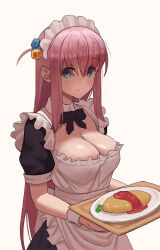 Rule 34 | 1girl, alternate costume, bad id, bad twitter id, blue eyes, bocchi the rock!, breasts, cleavage, closed mouth, cube hair ornament, detached collar, enmaided, food, gotoh hitori, hair ornament, highres, holding, holding plate, ketchup, large breasts, looking at viewer, maid, maid headdress, omelet, omurice, plate, simple background, solo, sweat, yellow background, zefrableu