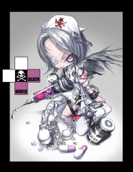 Rule 34 | bandages, bandage over eye, black wings, clothes pin, drugs, feathers, hat, jar, monster, nurse, nurse cap, pill, purple eyes, silver hair, syringe, ume (illegal bible), wings
