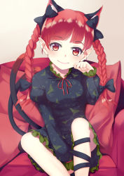 Rule 34 | 1girl, animal ears, aoi (buzhuen444), between legs, blunt bangs, braid, cat ears, cat tail, closed mouth, hand between legs, hand up, indoors, kaenbyou rin, pillow, pointy ears, red eyes, red hair, sitting, smile, solo, tail, touhou, twin braids