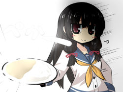 Rule 34 | 10s, 1girl, bad food, black hair, blunt bangs, commentary request, curry, curry rice, emphasis lines, food, giving, glowing, goma (gomasamune), hair ribbon, hand on own hip, hime cut, isokaze (kancolle), kantai collection, long hair, looking at viewer, neckerchief, plate, red eyes, religious offering, ribbon, rice, school uniform, serafuku, smile, smug, solo, translation request, yellow neckerchief