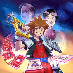 Rule 34 | 3boys, blue eyes, brown hair, card, disney, highres, iwata satoru, jacket, jewelry, keyblade, kingdom hearts, mickey mouse, micky mouse, multiple boys, necklace, nintendo, over shoulder, playing card, real life, sakurai masahiro, smile, sora (kingdom hearts), spiked hair, square enix, stup-jam, super smash bros., upper body, weapon, weapon over shoulder