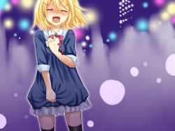 Rule 34 | 1girl, black thighhighs, blonde hair, blush, cellphone, dress, closed eyes, female focus, hair ornament, hairclip, kagamine rin, open mouth, outdoors, phone, ribbon, sad, short hair, skirt, sleeves rolled up, solo, tears, thighhighs, vocaloid, yayoi (egoistic realism)