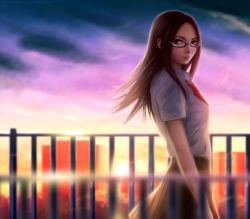 Rule 34 | 1girl, brown eyes, brown hair, forehead, fushimi chihiro, glasses, guard rail, highres, lips, long hair, miura-n315, parted lips, persona, persona 3, rooftop, school uniform, skirt, smile, solo, standing, sunset