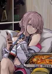 Rule 34 | absurdres, ar-15, beer bottle, blue eyes, blue shirt, budweiser, cellphone, dolphin shorts, food, girls&#039; frontline, gun, highres, holding, holding phone, jacket, lithographica, phone, pink shorts, pizza, pizza box, purple hair, rifle, shirt, shorts, sketch, smartphone, st ar-15 (girls&#039; frontline), weapon, white jacket