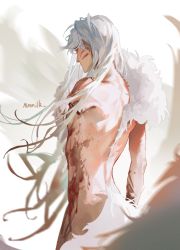 Rule 34 | 1boy, amputee, artist name, blood, blood on arm, blood on chest, closed mouth, commentary request, facial mark, from behind, highres, inuyasha, long hair, male focus, mmmilk, nude, profile, sesshoumaru, solo, upper body, whisker markings, white hair