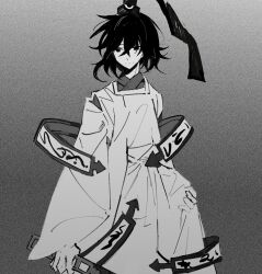 Rule 34 | 1other, androgynous, black eyes, black hair, chinese commentary, closed mouth, commentary request, detached sleeves, eye of senri, eye on hat, gradient background, greyscale, half-closed eyes, hat, hat ribbon, highres, holding, holding weapon, japanese clothes, kariginu, kimono, len&#039;en, long sleeves, monochrome, ofuda, ofuda on clothes, ribbon, senri tsurubami, short hair, smile, tiankong yiji, upper body, weapon, wide sleeves