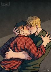Rule 34 | 2boys, artist name, belt, black hair, blonde hair, blush, closed eyes, couple, cris art, earrings, facial hair, green shirt, hand on another&#039;s back, hand on another&#039;s head, hand on another&#039;s shoulder, hulkling, jewelry, kiss, male focus, marvel, multiple boys, pants, patreon username, plaid, plaid shirt, red shirt, shirt, short hair, sideburns, sideburns stubble, simple background, stubble, wiccan, yaoi
