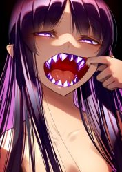 Rule 34 | 1girl, cluseller, collarbone, female focus, gem, glowing, glowing eyes, light purple hair, long hair, looking at viewer, mouth pull, multicolored hair, open mouth, original, parted bangs, pointy ears, purple eyes, purple gemstone, sharp teeth, solo, teeth, tongue, tsurime, two-tone hair