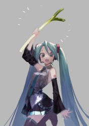 Rule 34 | 1girl, absurdres, black footwear, black skirt, blue eyes, blue hair, blue nails, blue necktie, boots, detached sleeves, food, grey background, grey shirt, hatsune miku, headset, highres, holding, holding food, holding vegetable, leg up, long hair, looking at viewer, nail polish, necktie, open hand, open mouth, shirt, shou (hanasakukoroni), skirt, sleeveless, sleeveless shirt, solo, spring onion, thigh boots, thighhighs, twintails, vegetable, very long hair, vocaloid