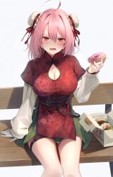 Rule 34 | 1girl, ahoge, alternate costume, bandaged arm, bandages, belt, bench, blush, breasts, brown belt, bun cover, china dress, chinese clothes, cleavage, cleavage cutout, clothing cutout, commentary request, double bun, doughnut, dress, eating, feet out of frame, food, green skirt, greenkohgen, hair between eyes, hair bun, highres, ibaraki kasen, large breasts, layered sleeves, long bangs, long sleeves, looking at viewer, medium hair, open mouth, pastry box, pink hair, red dress, red eyes, short over long sleeves, short sleeves, simple background, skirt, solo, touhou, underbust, v-shaped eyebrows, white background