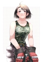 Rule 34 | 1girl, absurdres, ahoge, belt, brown eyes, brown hair, camouflage, camouflage shirt, gauntlets, highres, justice gakuen, kazama akira, looking at viewer, o9mtr, shirt, short hair, simple background, sleeveless, solo, standing, white background