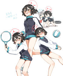 Rule 34 | 2girls, :t, animal ears, ayane (blue archive), azisai, ball, black buruma, black hair, blue archive, blush, breasts, buruma, glasses, hair ornament, halo, holding tennis racket, jacket, long sleeves, looking at viewer, megaphone, multiple girls, multiple views, open clothes, open jacket, open mouth, pointy ears, racket, red-framed eyewear, running, semi-rimless eyewear, shiroko (blue archive), short hair, small breasts, solo focus, sweat, tennis racket, tire, translation request, volleyball, volleyball (object), whistle, yellow eyes
