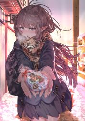 Rule 34 | 1girl, bag, bandages, blush, bow, bowtie, breath, brown hair, candy, cat, chocolate, chocolate heart, fingernails, food, heart, highres, jacket, long hair, looking at viewer, open mouth, original, pointy ears, purple eyes, scarf, school uniform, signature, skirt, snow, solo, solo focus, sunset, utility pole, valentine, vending machine, yuuki higumo