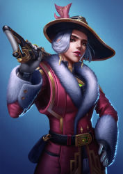 Rule 34 | 1girl, absurdres, ashe (overwatch), belt, belt pouch, brown eyes, coat, commentary, earrings, english commentary, forehead, fur collar, fur trim, gloves, gun, hand on own hip, hat, highres, holding, holding gun, holding weapon, jewelry, lips, lipstick, makeup, mole, mole above mouth, nose, official alternate costume, over shoulder, overwatch, overwatch 1, pouch, red coat, rifle, short hair, silver hair, socialite ashe, solo, tee fuyuan, thick eyebrows, weapon, weapon over shoulder, white gloves
