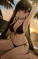 Rule 34 | 1girl, absurdres, alternate costume, arm up, armpits, barefoot, beach, bikini, black bikini, black hair, blue archive, blunt bangs, breasts, bright pupils, cleavage, commentary, front-tie bikini top, front-tie top, hair ornament, hair over shoulder, highres, large breasts, long hair, looking at viewer, multi-strapped bikini bottom, navel, nyawoo, ocean, palm tree, parted lips, presenting armpit, red eyes, rio (blue archive), side-tie bikini bottom, sideboob, sitting, sky, solo, stomach, sunset, sweat, swimsuit, tree, very long hair, wariza, wet, white pupils