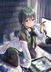 Rule 34 | 1girl, absurdres, ahoge, black pantyhose, blurry, blurry background, book, book stack, bookshelf, brown eyes, closed mouth, commentary, controller, curtains, depth of field, drawing tablet, english commentary, feet out of frame, game controller, green hair, green sailor collar, green serafuku, green shirt, green skirt, hair between eyes, hair over shoulder, hand up, highres, holding, holding stylus, indoors, computer keyboard, lab coat, long hair, long sleeves, looking at viewer, low twintails, midorikawa you, monitor, off shoulder, on floor, open clothes, original, pantyhose, pleated skirt, sailor collar, school uniform, serafuku, shirt, skirt, sleeves past fingers, sleeves past wrists, solo, stylus, twintails, wooden floor