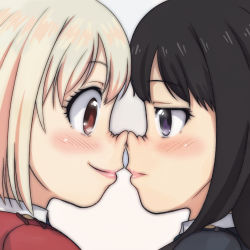 Rule 34 | 2girls, black hair, blonde hair, blush, brown eyes, closed mouth, commentary request, eye contact, highres, inoue takina, lips, long hair, looking at another, lycoris recoil, multiple girls, nishikigi chisato, noses touching, purple eyes, short hair, smile, t jiroo (ringofriend), upper body