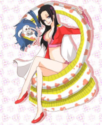 Rule 34 | 1girl, amazon lily, black hair, blue eyes, boa hancock, breasts, cape, cleavage, female focus, highres, horns, jacket, long hair, navel, one piece, red footwear, red jacket, salome (one piece), sash, shoes, simple background, sitting, skull, snake