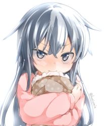 Rule 34 | 10s, 1girl, alternate costume, blue eyes, blue hair, blush, check commentary, commentary request, hibiki (kancolle), hoshi umi, kantai collection, long hair, long sleeves, looking at viewer, mouth hold, hugging object, pajamas, pillow, pillow hug, trembling, twitter username, verniy (kancolle), white background