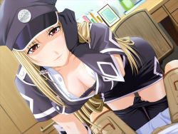 Rule 34 | 1girl, blonde hair, blue lagoon ~minami no umi no manan~, bra, breasts, character request, cleavage, dutch angle, game cg, gloves, large breasts, lingerie, long hair, miniskirt, ojiri shin&#039;ya, pantyhose, pencil skirt, police, police uniform, policewoman, red eyes, skirt, smile, solo, underwear, undressing, uniform