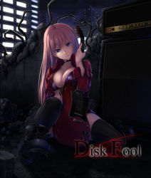 Rule 34 | 1girl, bikini, bikini top only, bit (artist), bit (keikou syrup), black thighhighs, blue eyes, boots, breasts, choker, cleavage, cropped jacket, electric guitar, front-tie top, guitar, instrument, large breasts, long hair, looking at viewer, megurine luka, pink hair, ruins, sitting, smile, solo, swimsuit, thighhighs, vocaloid, wariza