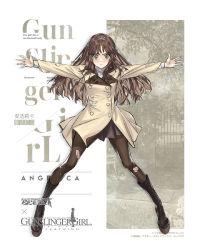Rule 34 | 1girl, angelica (gunslinger girl), arms up, boots, brown eyes, crossover, dress, girls&#039; frontline, guest character, guest fighter, gunslinger girl, hair ribbon, highres, jacket, long hair, lu yin, official art, pantyhose, ribbon, thighhighs, torn clothes, torn legwear