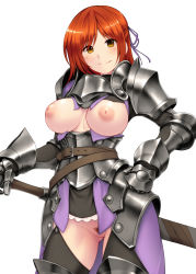 Rule 34 | 1girl, armor, belt, blush, breastless clothes, breasts, breasts apart, brown eyes, casual nudity, female knight, female pubic hair, gauntlets, hair ribbon, hand on hilt, hand on own hip, highres, inverted nipples, knight, large areolae, long hair, looking at viewer, medium breasts, nipples, no panties, original, pauldrons, pubic hair, puffy nipples, red hair, reverse bikini armor, reverse outfit, ribbon, sheath, sheathed, shoulder armor, simple background, smile, solo, sword, tro (trombe), weapon, white background