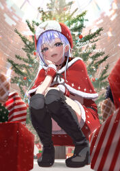 Rule 34 | 1girl, absurdres, black choker, blue hair, blush, box, bracelet, capelet, choker, christmas, christmas tree, dress, fur-trimmed capelet, fur-trimmed dress, fur trim, gift, gift box, hand on own cheek, hand on own face, highres, idolmaster, idolmaster shiny colors, jewelry, kaiso (kaisooekaki), looking at viewer, merry christmas, pom pom (clothes), red capelet, red dress, santa costume, smile, solo, suzuki hana