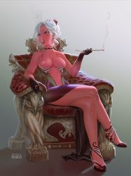 Rule 34 | 1girl, armchair, artist name, black skin, blue eyes, breast tattoo, breastless clothes, breasts, center opening, chair, choker, cigarette holder, colored skin, commentary, crossed legs, demon girl, dress, earrings, eyeshadow, froxalt, full body, grey background, hair ornament, high heels, highres, jewelry, light areolae, lipstick, makeup, medium breasts, multicolored skin, navel, nipples, nose, original, parted lips, pink skin, purple dress, purple lips, ring, sitting, smoke, smoking, solo, tattoo, two-tone skin, white hair