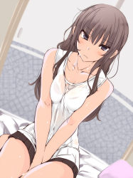 Rule 34 | 1girl, bad id, bad pixiv id, bare shoulders, between legs, blush, breasts squeezed together, breasts, brown hair, collarbone, dutch angle, futon, hand between legs, highres, long hair, looking at viewer, mole, original, purple eyes, see-through, sitting, skirt, solo, tank top, touma kisa, v arms, wet, wet clothes