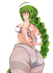Rule 34 | 10s, 1girl, adjusting bra, adjusting clothes, ahoge, ass, ass focus, bad id, bad pixiv id, blue eyes, blush, bra, braid, braided ponytail, breasts, crotch seam, curvy, from behind, green hair, highres, kambayashi tomoko, kanbayashi chiko, kantai collection, long hair, looking at viewer, mole, mole under mouth, open bra, panties, panties under pantyhose, pantyhose, sideboob, simple background, single braid, solo, thick thighs, thighs, underwear, underwear only, very long hair, white background, white bra, white panties, white pantyhose, wide hips, yuugumo (kancolle)