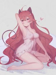 1girl animal_ears arm_behind_head armpits barefoot blush_stickers breasts camisole cleavage closed_mouth covered_erect_nipples eris_greyrat fake_animal_ears from_side full_body hair_between_eyes hand_on_own_knee heart highres large_breasts long_hair looking_at_viewer mushoku_tensei ne_ko_ko red_eyes red_hair see-through_camisole see-through_clothes simple_background sitting solo sweatdrop very_long_hair white_camisole