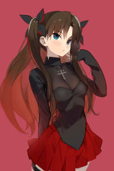 Rule 34 | 1girl, black bow, black shirt, blue eyes, blush, bow, breasts, brown hair, cleavage, closed mouth, commentary request, covered collarbone, cowboy shot, eyes visible through hair, fate/extra, fate/extra record, fate (series), hair between eyes, hair bow, hand up, highres, long hair, long sleeves, looking at viewer, miniskirt, official alternate costume, parted bangs, pink background, pleated skirt, red skirt, shirt, siino, simple background, skirt, sleeves past wrists, small breasts, solo, standing, thigh strap, tohsaka rin, two side up, very long hair