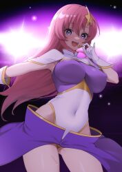 Rule 34 | 1girl, blue eyes, breasts, campbell xx, covered erect nipples, gloves, gundam, gundam seed, gundam seed destiny, hair ornament, highleg, highleg leotard, highres, large breasts, leotard, long hair, looking at viewer, meer campbell, open mouth, pink hair, purple leotard, smile, solo, star (symbol), star hair ornament, white gloves, white leotard