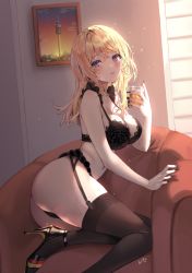 Rule 34 | 1girl, absurdres, alcohol, ass, black bra, black footwear, black nails, black panties, black thighhighs, blonde hair, blue eyes, bra, breasts, chair, cleavage, couch, cup, drinking glass, easy chair, fingernails, foot out of frame, frilled bra, frilled panties, frills, garter belt, garter straps, german flag, high heels, highres, holding, holding cup, indoors, lace, lace-trimmed bra, lace trim, large breasts, lingerie, long hair, nail polish, navel, original, panties, parted lips, picture frame, shiro albino, sideboob, sitting, solo, sparkle, stomach, straight hair, thighhighs, thighs, underwear, underwear only