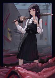 Rule 34 | 1girl, absurdres, belt, besi (besidoesart), black dress, black hair, blood, cable, chainsaw man, closed mouth, cloud, cloudy sky, collared shirt, denji (chainsaw man), dress, glaring, highres, holding, holding sword, holding weapon, long hair, looking at viewer, neck ribbon, outdoors, pinafore dress, pleated dress, power lines, red eyes, ribbon, severed head, shirt, sky, sleeveless, sleeveless dress, solo, standing, sword, tanaka (chainsaw man), utility pole, weapon, white shirt, yoru (chainsaw man)