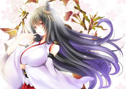 Rule 34 | 1girl, black hair, blush, breasts, cherry blossoms, closed mouth, detached sleeves, epaulettes, floral background, fusou (kancolle), fusou kai ni (kancolle), hair between eyes, hair ornament, headband, headgear, huge breasts, japanese clothes, kantai collection, long hair, looking at viewer, maki (seventh heaven maxion), nontraditional miko, red eyes, shirt, solo