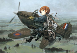 Rule 34 | 1girl, aircraft, airplane, ammunition, ammunition belt, asterisk kome, blue eyes, blurry, brown hair, cloud, day, depth of field, field, flying, full body, gloves, hawker hurricane, highres, horizon, looking at viewer, looking back, mecha musume, military, military uniform, original, overalls, parachute, road, scarf, short hair, signature, sky, smile, solo, tree, uniform, world war ii