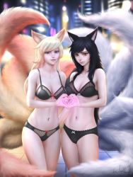 Rule 34 | 1girl, ahri (league of legends), alternate hair color, animal ears, black bra, black hair, black panties, blonde hair, blue eyes, bow, bow bra, bow panties, bra, breasts, cleavage, closed mouth, dual persona, facial mark, fox ears, fox girl, fox tail, gohpot, heart, heart hands, league of legends, lips, long hair, medium breasts, multiple tails, nail polish, panties, parted lips, pink lips, red bow, red nails, signature, solo, standing, star guardian (league of legends), star guardian ahri, stomach, swept bangs, tail, underwear, underwear only, whisker markings, white bow, yellow eyes