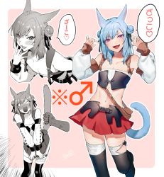 Rule 34 | 1boy, :d, animal ears, warrior of light (ff14), bare shoulders, bent over, black legwear, blue hair, blush, cat boy, cat ears, cat tail, claw pose, collarbone, commentary request, crossdressing, detached sleeves, disembodied limb, double bun, embarrassed, fang, final fantasy, final fantasy xiv, hair bun, hair ornament, hand up, hands up, heart, leg up, long hair, long sleeves, looking at viewer, male focus, mars symbol, midriff, miniskirt, miqo&#039;te, mole, mole under eye, navel, open mouth, original, panon 14, pleated skirt, purple eyes, red skirt, ribbon, skirt, skirt tug, smile, spoken heart, stomach, tail, thighhighs, translation request, trap, zettai ryouiki