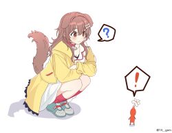 Rule 34 | !, 14 (vision5032), 1girl, ?, absurdres, alternate hairstyle, animal ears, blue footwear, blush, bone hair ornament, breasts, brown hair, cleavage, closed mouth, collar, commentary, crossed arms, crossover, dog ears, dog girl, dog tail, dress, english commentary, full body, hair ornament, highres, hololive, inugami korone, inugami korone (1st costume), jacket, knees to chest, legs together, long hair, looking at another, medium breasts, nintendo, pikmin (creature), pikmin (series), red collar, red eyes, red socks, shadow, shoes, sidelocks, simple background, sleeveless, sleeveless dress, sneakers, socks, solo, spoken exclamation mark, spoken question mark, squatting, tail, twitter username, virtual youtuber, white background, white dress, yellow jacket
