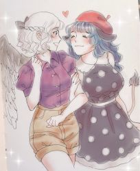 Rule 34 | 2girls, :3, ^ ^, alternate costume, alternate headwear, animal ears, blue hair, blush, braid, breasts, closed eyes, collared dress, collared shirt, commentary, cowboy shot, dating, doremy sweet, dress, closed eyes, french braid, grin, heart, height difference, highres, holding another&#039;s arm, kishin sagume, large breasts, long hair, medium breasts, multiple girls, orz (kagewaka), pom pom (clothes), purple shirt, scan, shirt, shorts, silver hair, simple background, single wing, sleeveless, sleeveless dress, smile, sparkle, tail, tapir ears, tapir tail, touhou, wavy hair, white background, wings, yuri