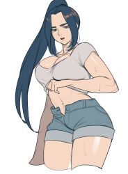 Rule 34 | 1girl, bad id, bad poipiku id, black hair, blue shorts, breasts, cleavage, genderswap, genderswap (mtf), large breasts, long hair, mandudaein, midriff, navel, open fly, ponytail, shadow, shirt, short sleeves, shorts, sidelocks, simple background, solo, sweatdrop, luo xiaohei zhanji, white background, white shirt, wuxian (the legend of luoxiaohei)