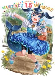 Rule 34 | 1girl, :d, anniversary, bike shorts, black hair, black shorts, black socks, blonde hair, blowhole, blue eyes, blue footwear, blue hair, blue shirt, blue skirt, bolo tie, boots, cetacean tail, collared shirt, common dolphin (kemono friends), dorsal fin, fins, fish tail, frilled skirt, frills, gloves, high-waist skirt, highres, kemono friends, kemono friends 3, multicolored hair, official alternate costume, open mouth, oyu udon, shirt, shorts, shorts under skirt, skirt, smile, socks, solo, tail, two-tone shirt, uniform, white gloves, white hair, white shirt