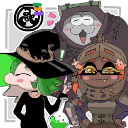 :3 ^^^ armor big_man_(splatoon) blush_stickers choker closed_eyes collarbone cosplay dark-skinned_female dark_skin dress eyeliner facing_viewer fang fangs frye_(splatoon)_(cosplay) green_hair grey_background hair_over_one_eye halloween_costume hands_on_own_hips hat helmet highres inkling_girl inkling_player_character jewelry knight ksgm3456 makeup manta_ray ninja nintendo octoling_girl octoling_player_character official_alternate_costume open_mouth orange_hair pointy_ears potion ring shiver_(splatoon) smile sparkle splatoon_(series) splatoon_3 upper_body witch_hat yellow_eyes