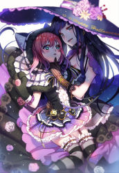 Rule 34 | 10s, 2girls, animal hands, animal hood, aqua eyes, arm around waist, black hair, blush, bow, bowtie, bracelet, breasts, capelet, cat hood, center opening, choker, cleavage, dress, elbow gloves, eye contact, floral print, flower, frilled legwear, fur trim, garter straps, gloves, halloween, hand on another&#039;s chin, happy halloween, hat, hat flower, heart, hood, incest, jack-o&#039;-lantern, jewelry, kurosawa dia, kurosawa ruby, lino chang, looking at another, love live!, love live! school idol festival, love live! sunshine!!, md5 mismatch, mole, mole under mouth, multiple girls, open mouth, parted lips, paw gloves, red hair, siblings, sisters, spider web print, striped bow, striped bowtie, striped clothes, striped gloves, striped legwear, striped neckwear, striped thighhighs, thighhighs, witch, witch hat, yuri