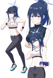 Rule 34 | 1girl, absurdres, black pants, black wristband, blue archive, blue eyes, blue hair, blue halo, breasts, can, cleavage, commentary, cropped shirt, full body, gym uniform, halo, hand up, highres, hikkio, holding, holding can, long hair, medium breasts, multiple views, navel, pants, ponytail, running, saori (blue archive), shoes, simple background, standing, white background