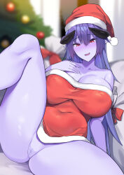 Rule 34 | 1girl, absurdres, arunira, bare shoulders, black horns, blue hair, blurry, blurry background, blush, breasts, brll, censored, christmas, christmas tree, cleavage, colored skin, covered navel, dress, fang, hat, highres, horns, large breasts, long hair, looking at viewer, mosaic censoring, open mouth, original, pointy ears, purple skin, pussy, red dress, red eyes, red hat, santa hat, sitting, skin fang, solo, thighs