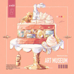 Rule 34 | art gallery, barcode, cake, cake slice, clock, flower, food, food focus, highres, instagram username, moai, museum, no humans, orange background, original, painting (object), spin mayumura, stanchion, statue, twitter username, whipped cream